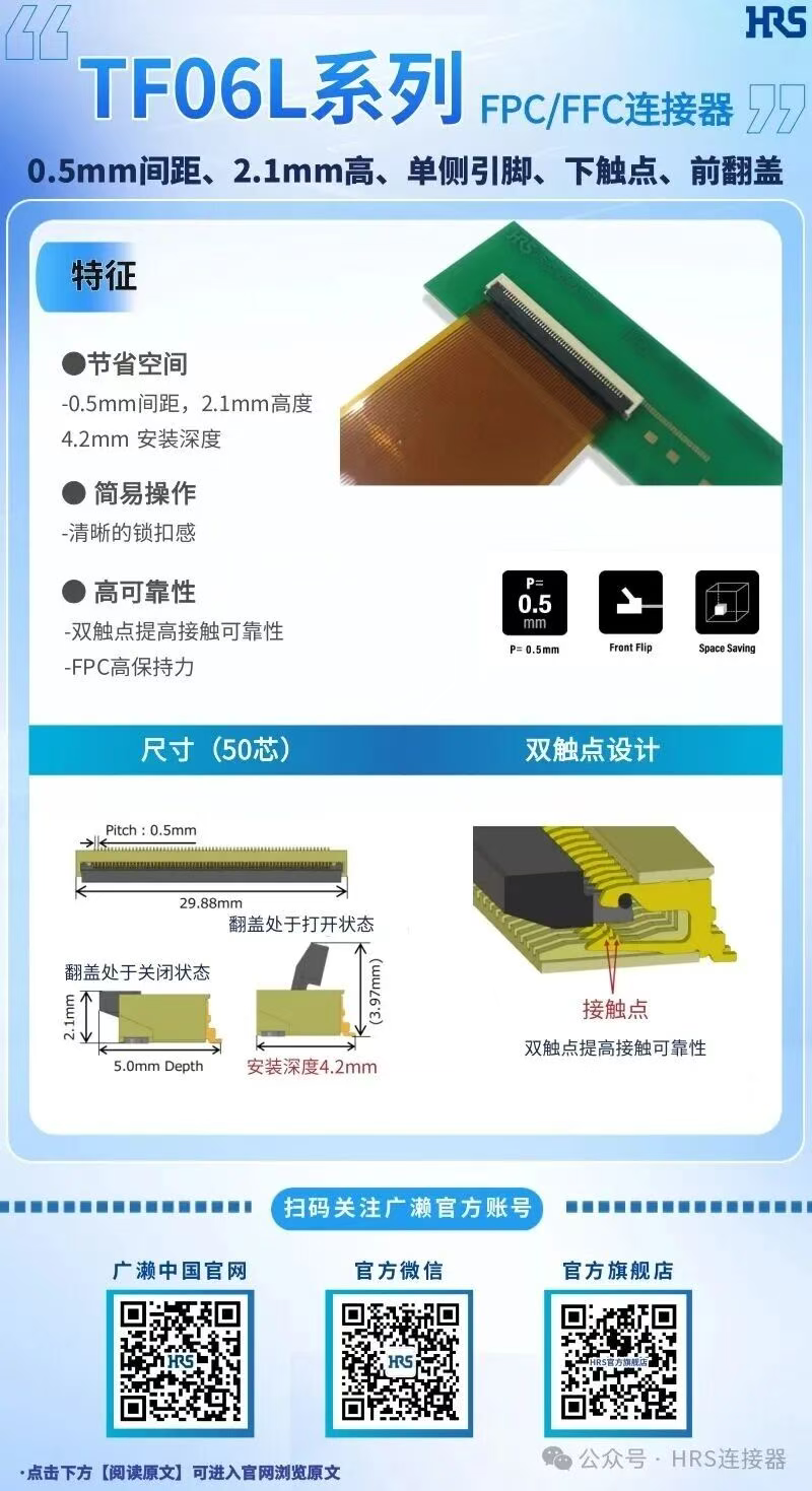 【产品推荐】单侧引脚，下触点，前翻盖的FPC/FFC连接器TF06L系列